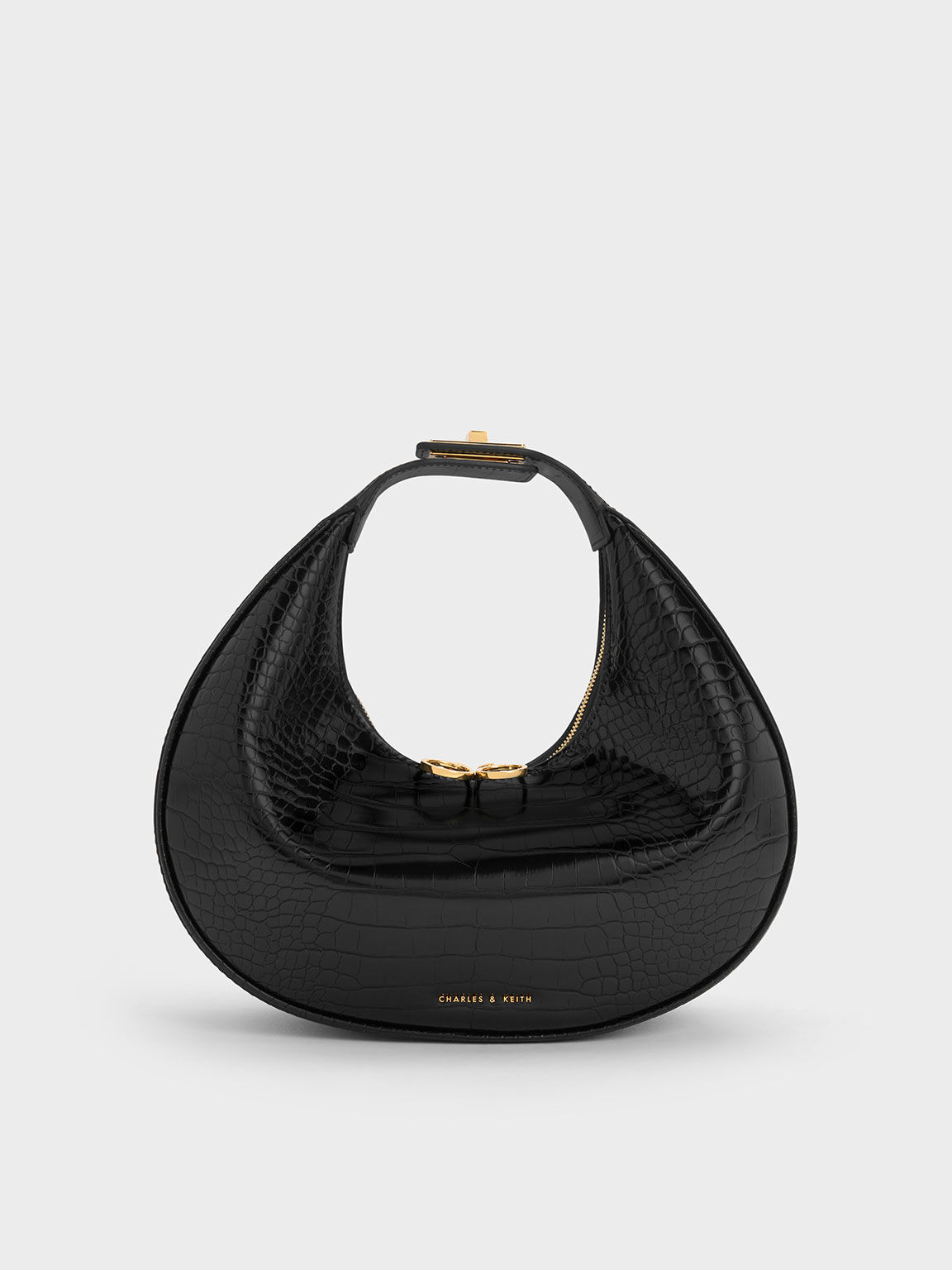 Black Croc Embossed Crescent Hobo Bag CHARLES KEITH ID