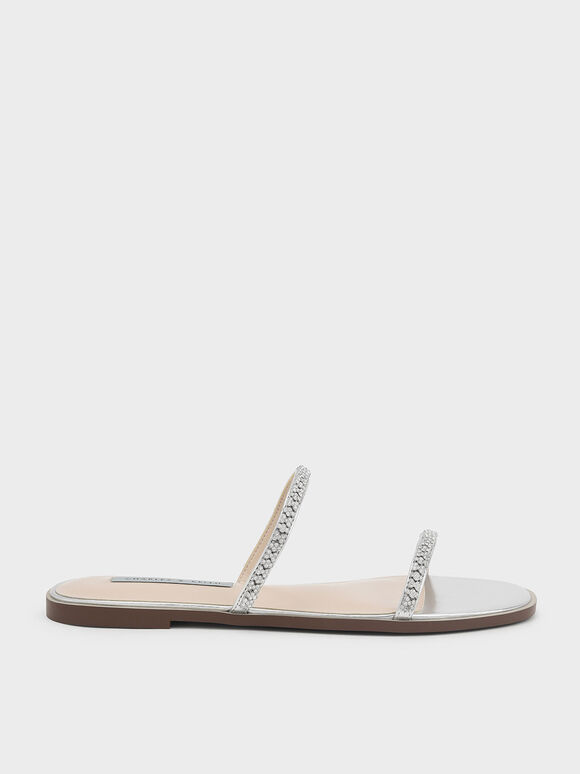 Gem-Encrusted Strappy Slide Sandals, Silver, hi-res