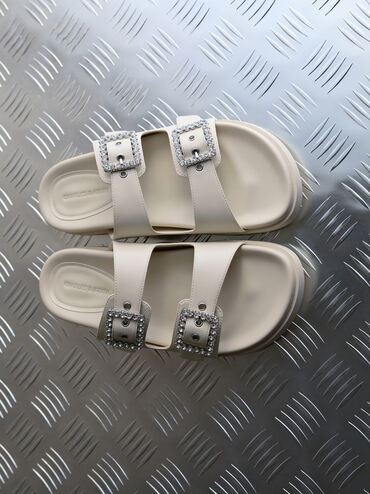 Gem-Buckle Double-Strap Sandals, Chalk, hi-res