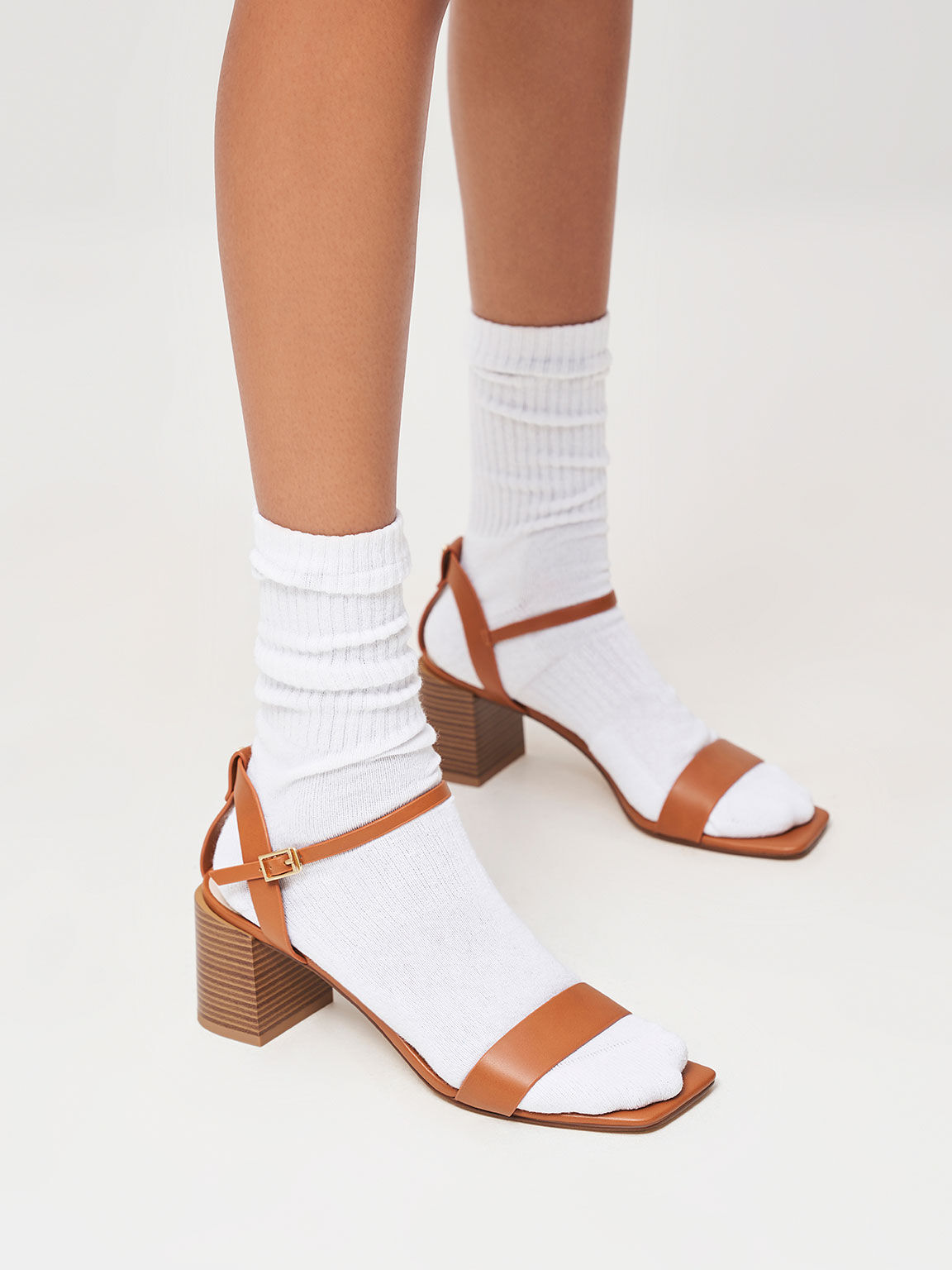 Sandal Stacked Heel Ankle Strap, Caramel, hi-res