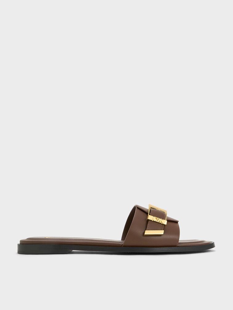 Whitney Leather Slide Sandals, Dark Brown, hi-res