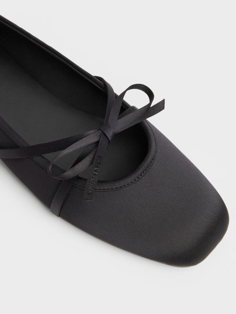Satin Bow Ballet Flats, Black Textured, hi-res