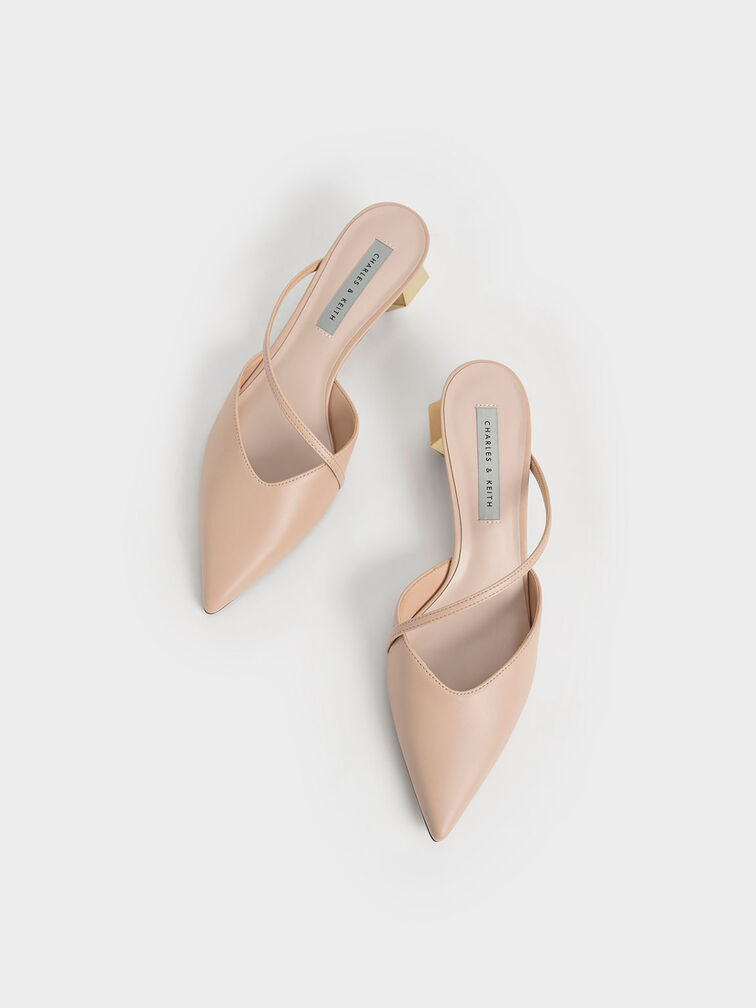 Sepatu Mules Asymmetric Strap Chrome Heel, Light Pink, hi-res