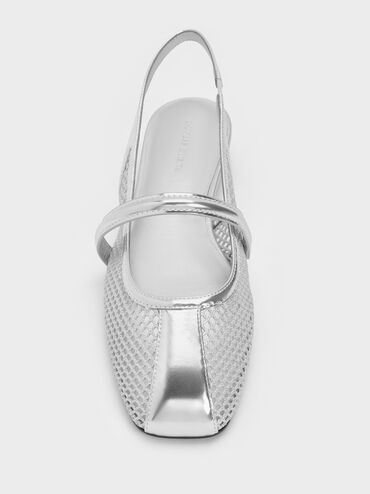 Sepatu Flats Mary Jane Slingback Mesh Ellory, Silver, hi-res