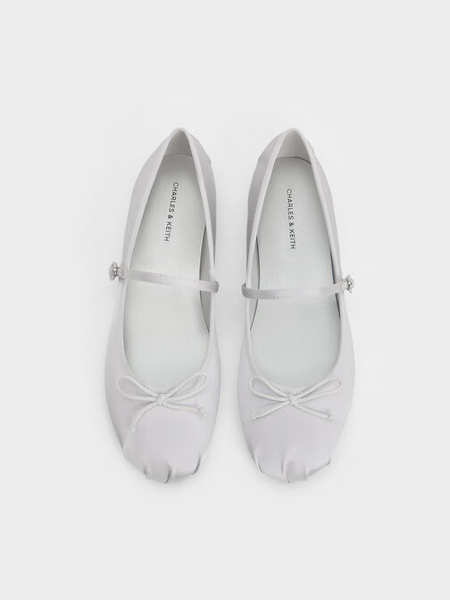 Sepatu Mary Jane Flats Satin Bow, Silver, hi-res
