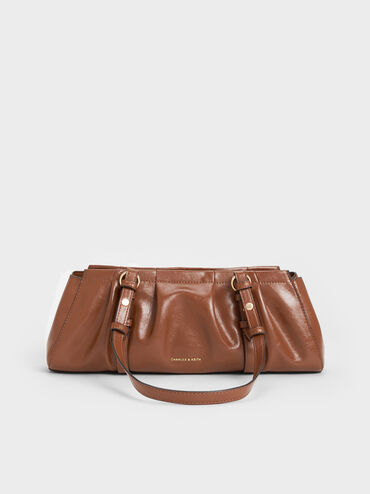 Britton Ruched Elongated Shoulder Bag, Chocolate, hi-res