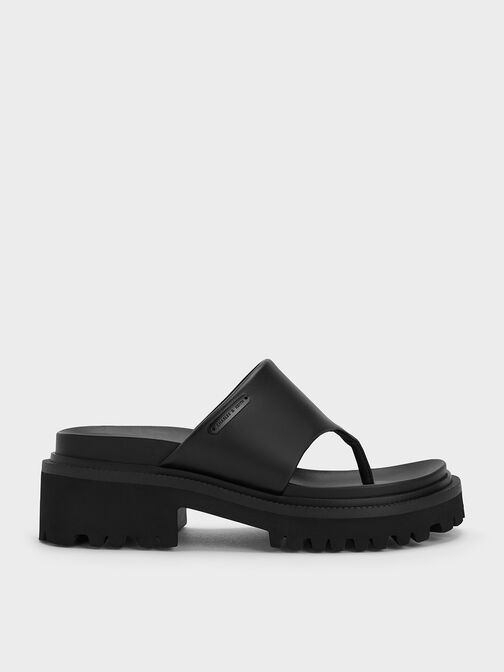 Sandal Thong Padded Ridged-Sole, Black, hi-res