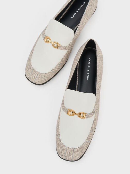 Sepatu Loafers Metallic Accent Checkered Round-Toe, Grey, hi-res