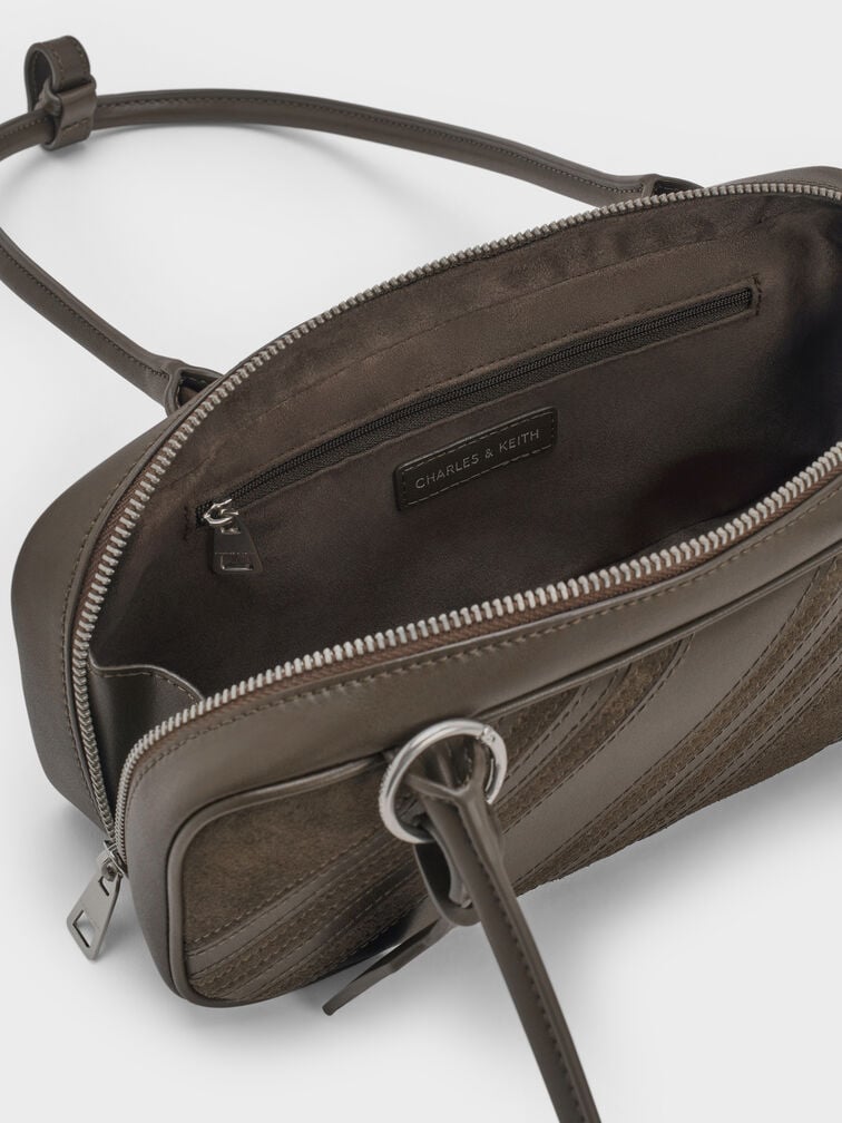 Zeya Recycled Suede Striped Shoulder Bag, Dark Moss, hi-res