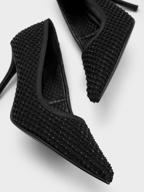Mesh Crystal-Embellished Pointed-Toe Pumps, Black Textured, hi-res
