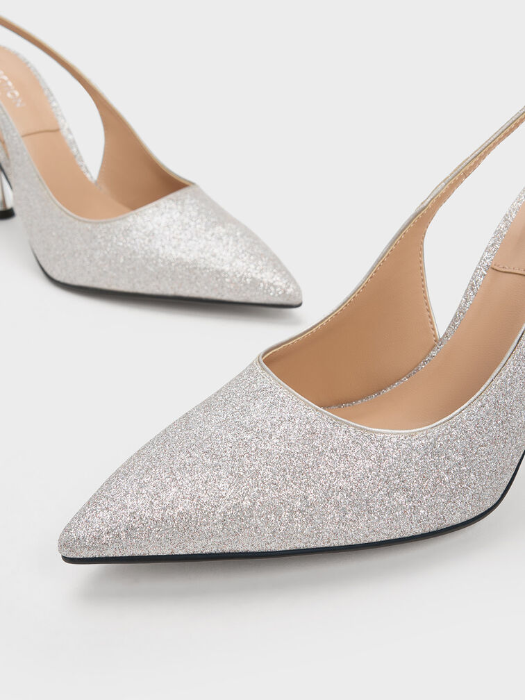 Sepatu Slingback Pumps Demi Glittered, Silver, hi-res