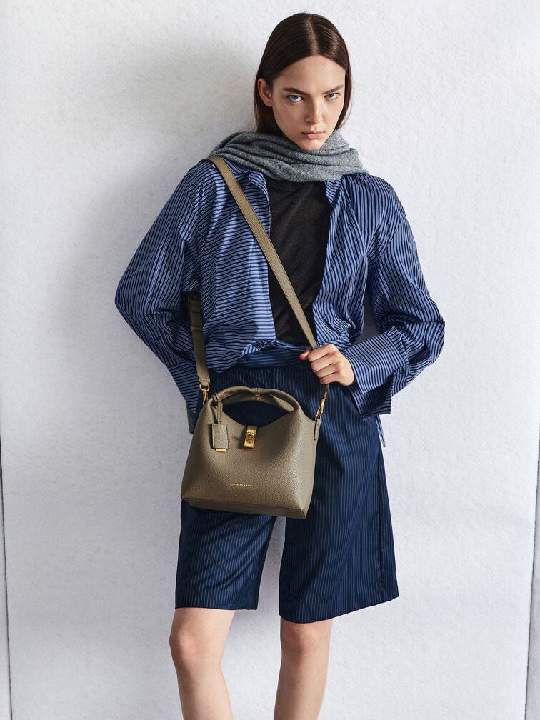 Chance Recycled Leather Turn-Lock Bucket Bag, Deep Olive, hi-res