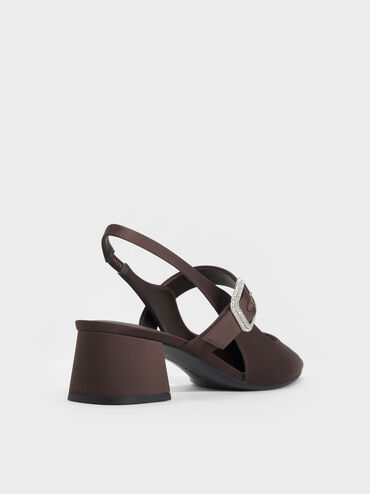 Sepatu Slingback Pumps Block-Heel Crystal-Buckle Satin, Dark Brown Textured, hi-res