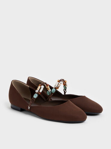 Franca Faux Suede Beaded-Strap Mary Janes, Dark Brown Textured, hi-res