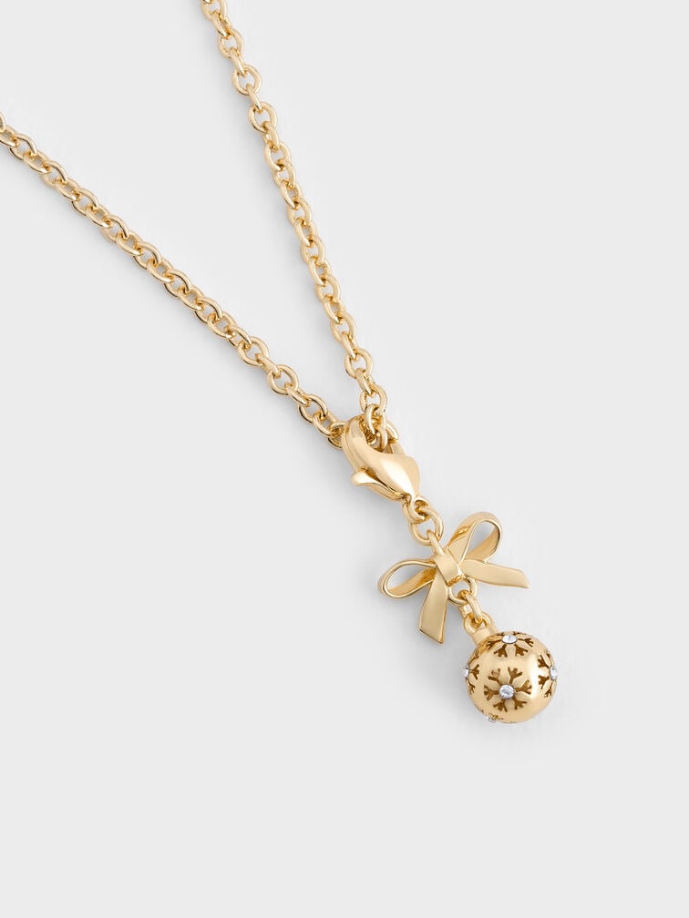 Gantungan Snowflake-Ball Crystal Embellished Bow Athalia, Gold, hi-res