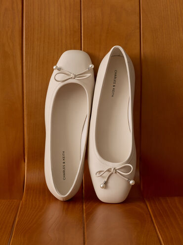 Barbara Pearl-Bow Ballet Flats, Chalk, hi-res