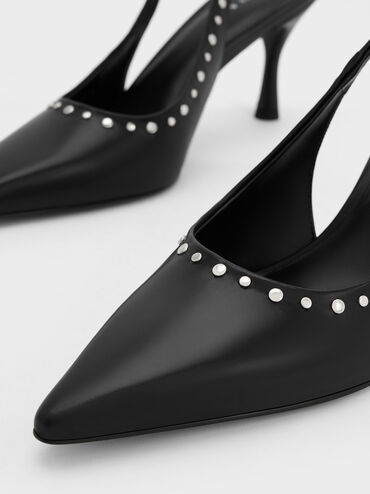 Sepatu Slingback Pumps Studded Pointed-Toe, Black, hi-res