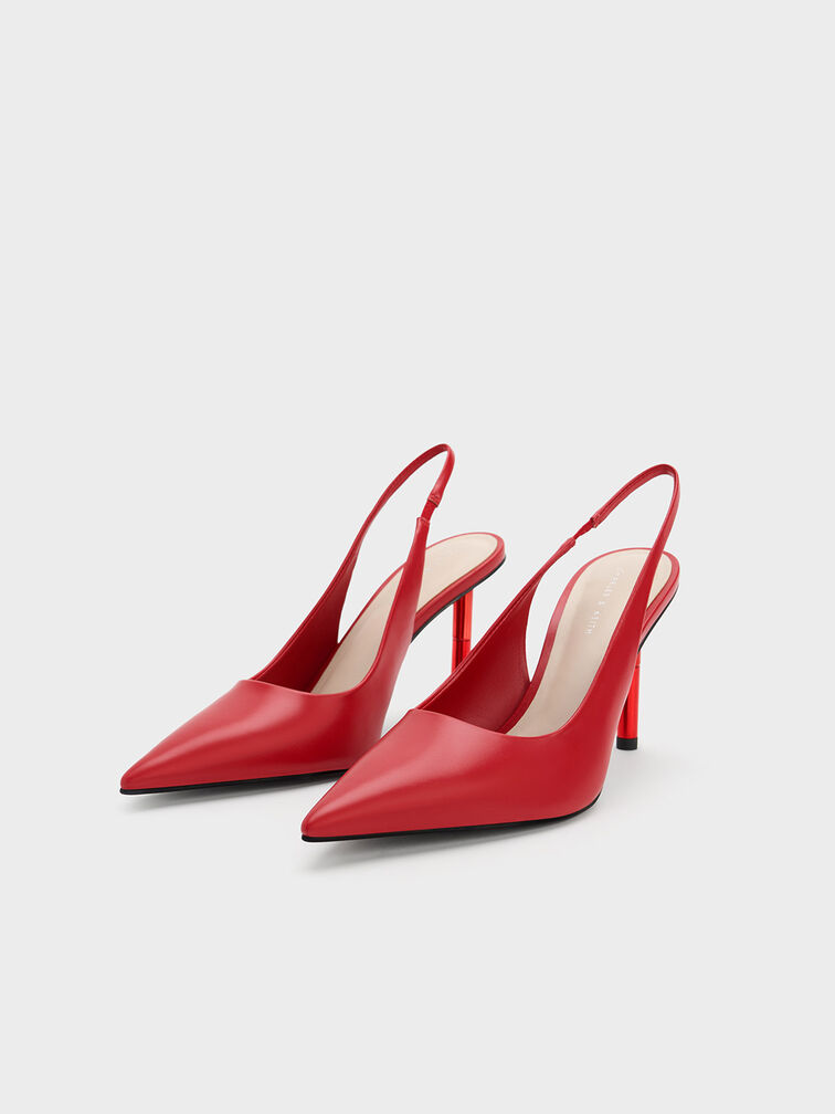 Sepatu Slingback Pumps Cylindrical Metallic Heel, Red, hi-res