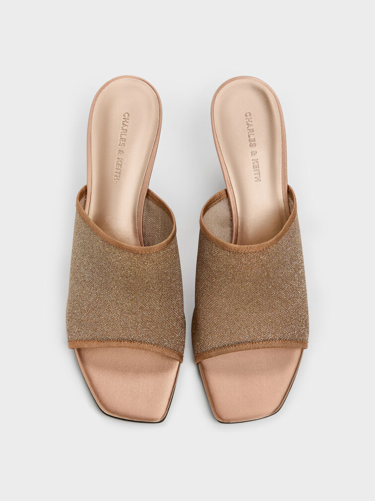 Sepatu Mules Heeled Glittered Mesh, Brown, hi-res