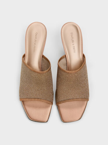 Sepatu Mules Heeled Glittered Mesh, Brown, hi-res