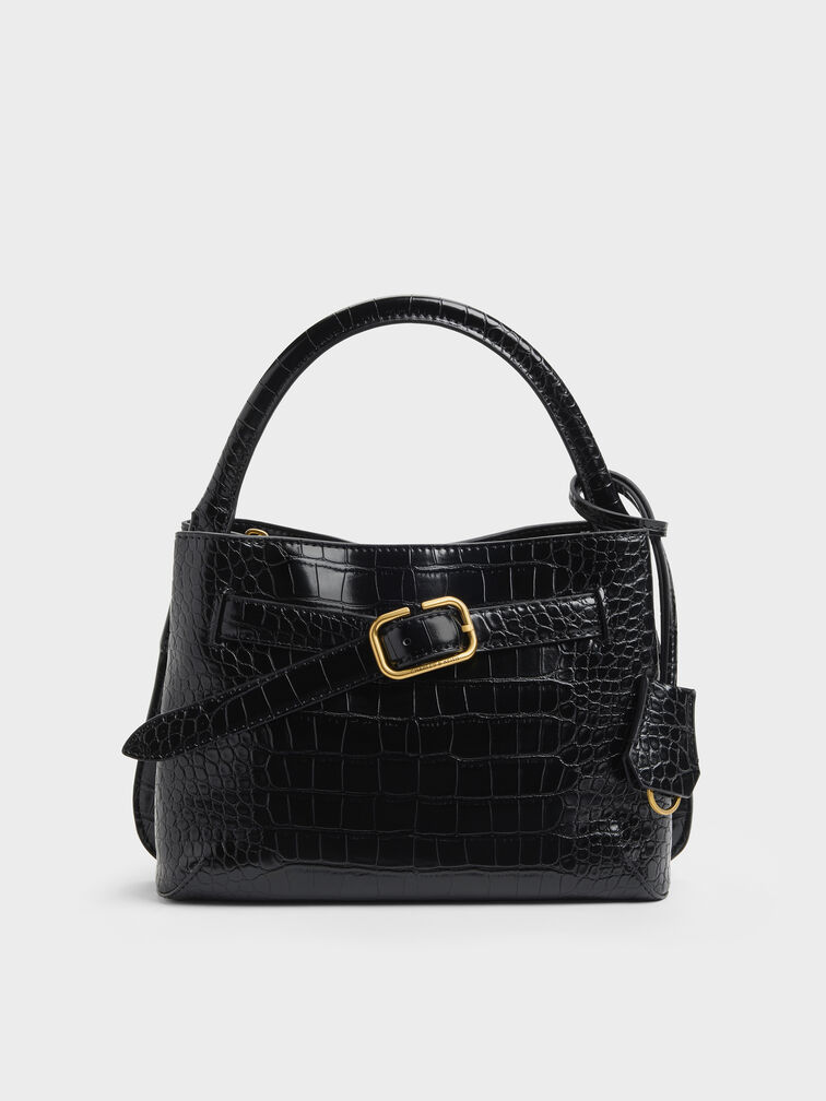 Tas Top Handle Victoria Belted Croc-Effect, Black Croco, hi-res
