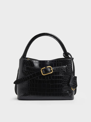 Tas Top Handle Victoria Belted Croc-Effect, Black Croco, hi-res
