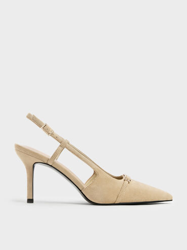 Faux Suede Metallic-Bar Pointed Slingback Pumps, Beige, hi-res