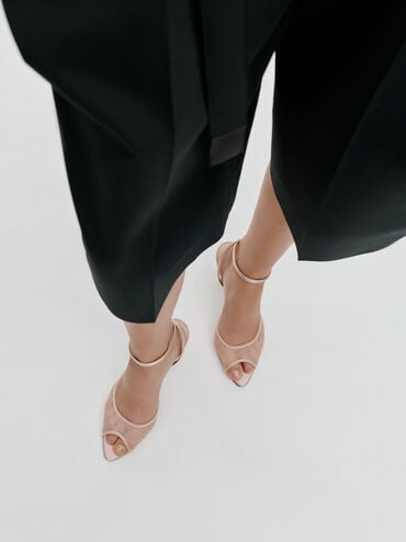 Lace & Satin Peep-Toe Heels, Nude, hi-res