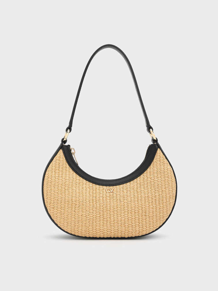 Tas Hobo Leather & Raffia Crescent, Neutral Raffia, hi-res