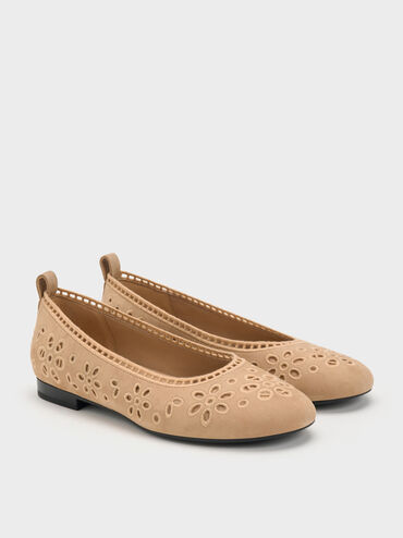 Sepatu Flats Ballet Embroidered Leather, Beige, hi-res