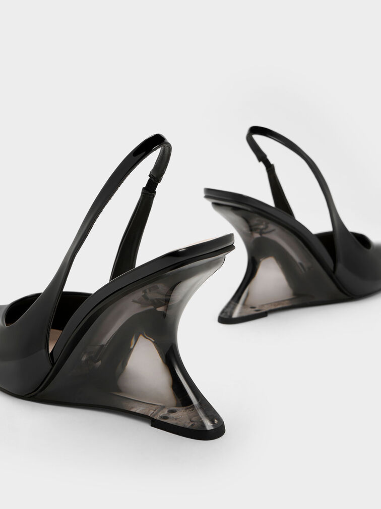 Sepatu Wedges Patent Sculptural Slingback, Black Patent, hi-res