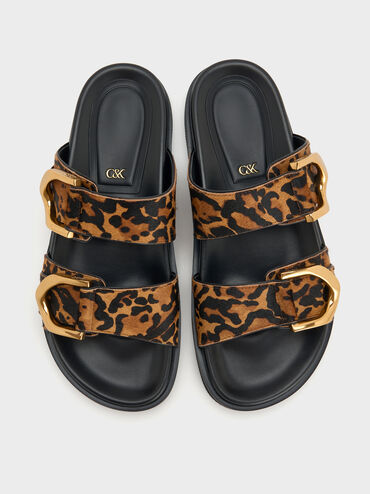 Gabine Leopard-Print Gold-Buckle Leather Slides, Animal Print Brown, hi-res