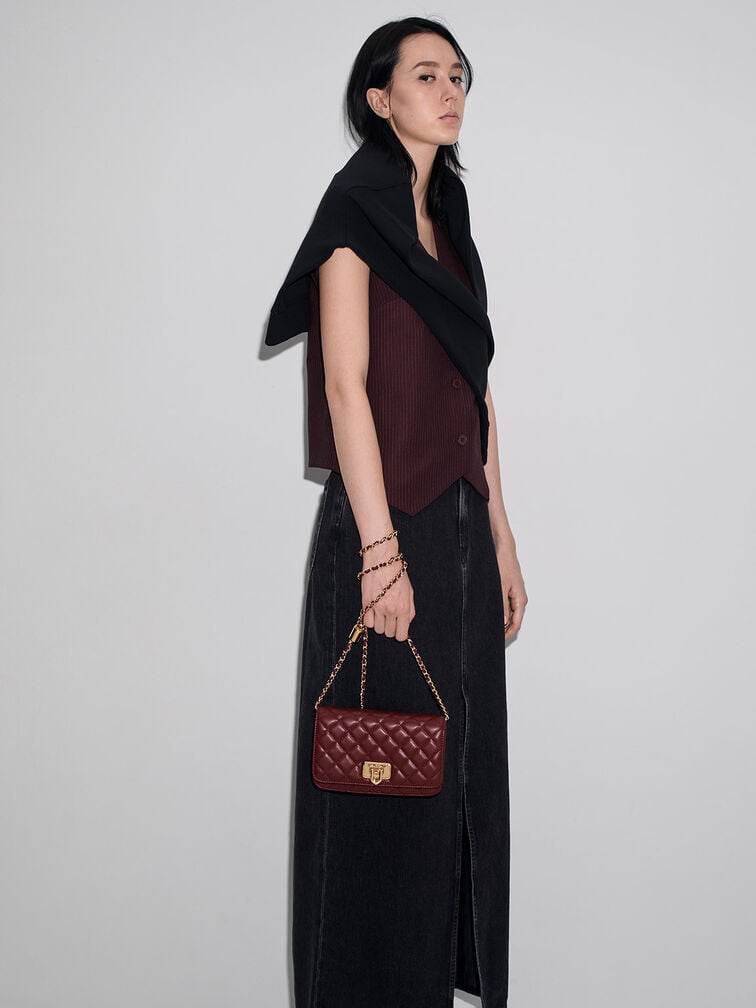 Tas Clutch Push-Lock Quilted Cressida, Burgundy, hi-res