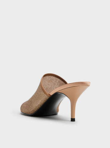 Sepatu Mules Heeled Glittered Mesh, Brown, hi-res