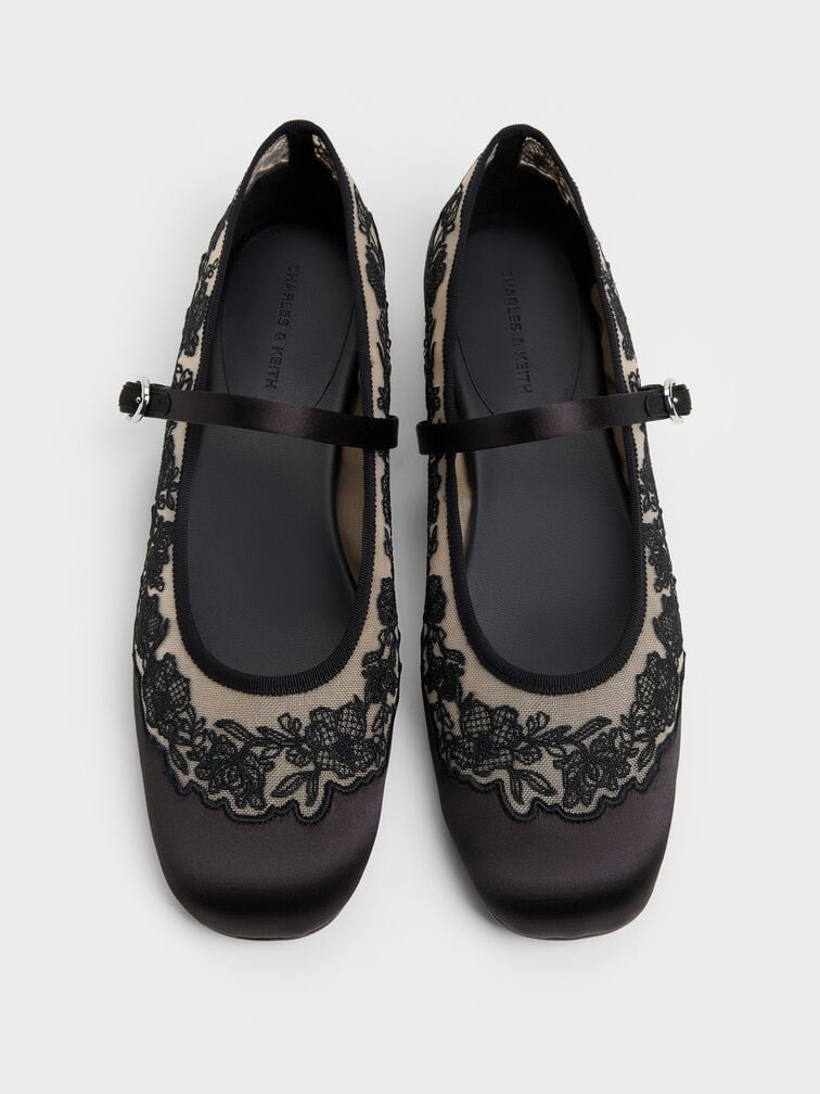 Satin Embroidered-Mesh Mary Jane Flats, Black Textured, hi-res