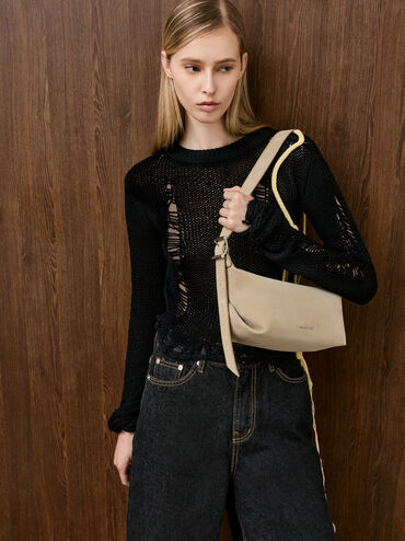 Tas Bahu Slouchy Buckle-Strap Gwynne Recycled Suede, Nutmeg Beige, hi-res