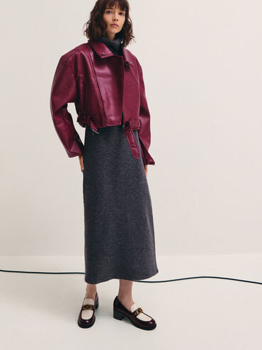 Two-Tone Metallic-Buckle Loafer Pumps, Burgundy, hi-res