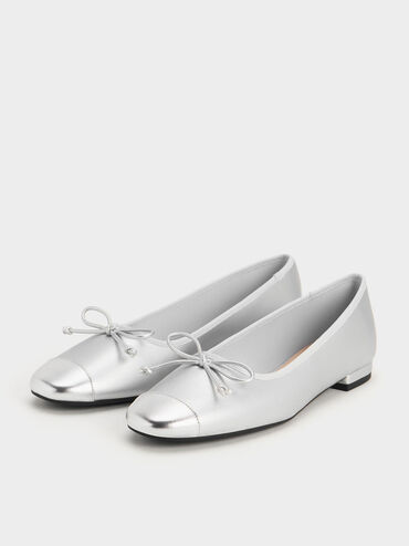 Sepatu Ballet Flats Bow, Silver, hi-res