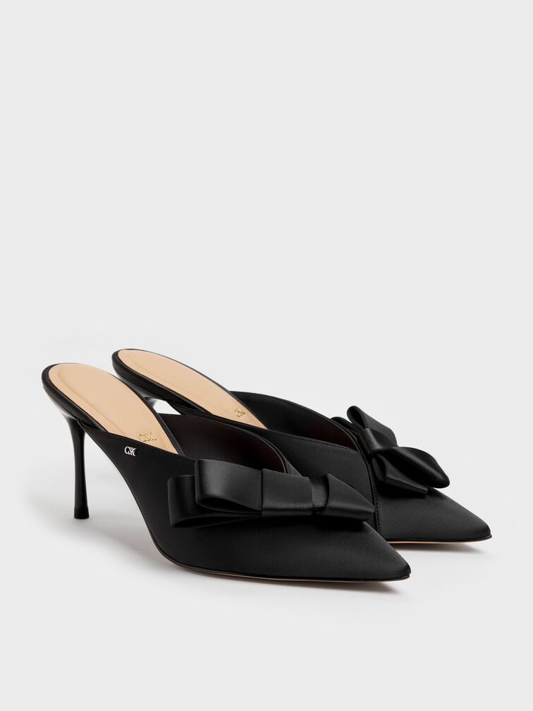 Pleated-Bow Pointed Heeled Mules, Black Textured, hi-res