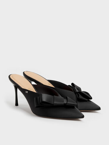 Pleated-Bow Pointed Heeled Mules, Black Textured, hi-res