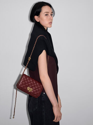 Tas Clutch Push-Lock Quilted Cressida, Burgundy, hi-res
