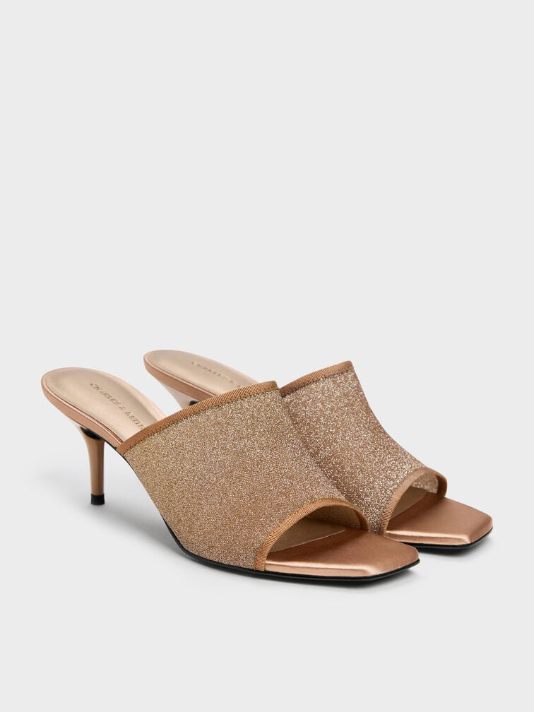 Sepatu Mules Heeled Glittered Mesh, Brown, hi-res