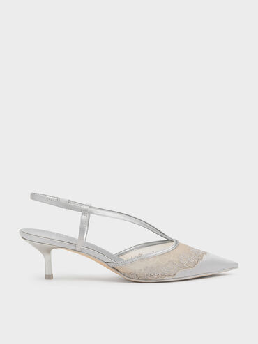 Sepatu Kitten Heels Slingback Embroidered-Satin, Silver, hi-res