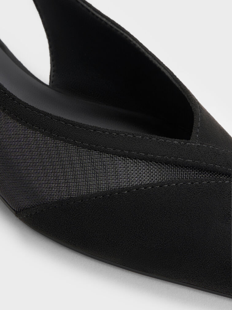 Sepatu Flats Slingback Suede & Mesh Faux, Black Textured, hi-res