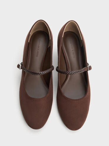 Sepatu Pumps Mary Jane Franca Fuax Suede, Dark Brown Textured, hi-res