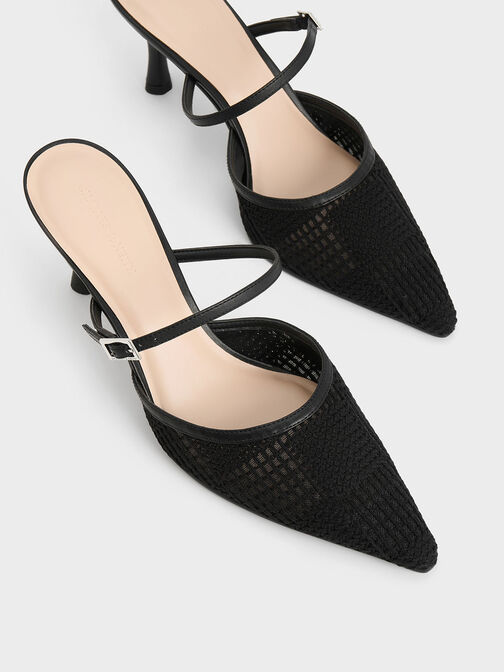 Sepatu Heeled Mules Mesh Woven, Black Textured, hi-res