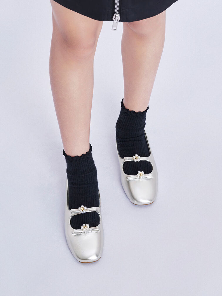 Sepatu Ballerina Girls' Floral Beaded Metallic, Silver, hi-res