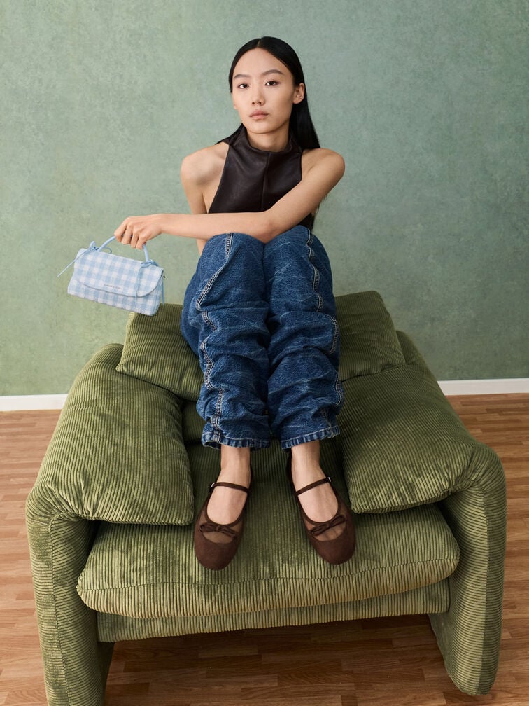 Sepatu Mary Janes Muligan Mesh & Faux Suede, Dark Brown Textured, hi-res