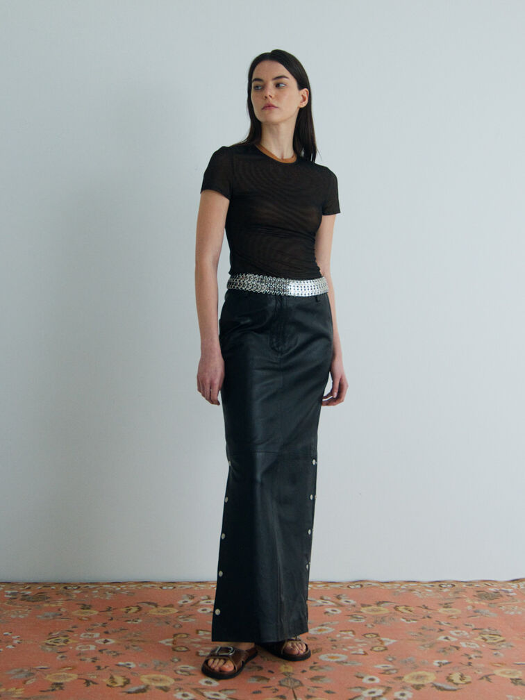 Stitch-Trim Buckled Slides, Cognac, hi-res