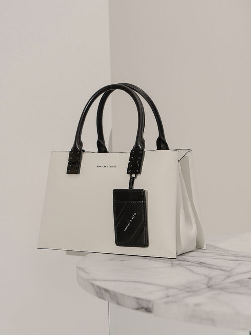 Double Top Handle Structured Bag, White, hi-res